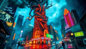 Twisted Reflections of Urban Turmoil – free AI stock image