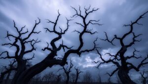 Twisted Trees in Monochrome Light – free AI stock image