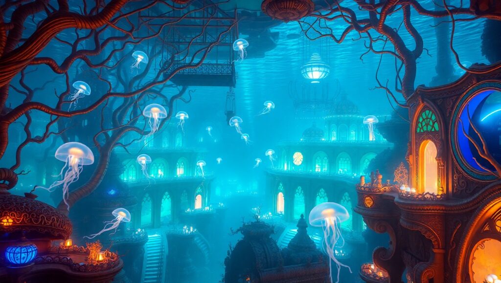 Underwater Bioluminescent Cityscape – free AI stock image