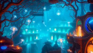 Underwater Bioluminescent Cityscape – free AI stock image