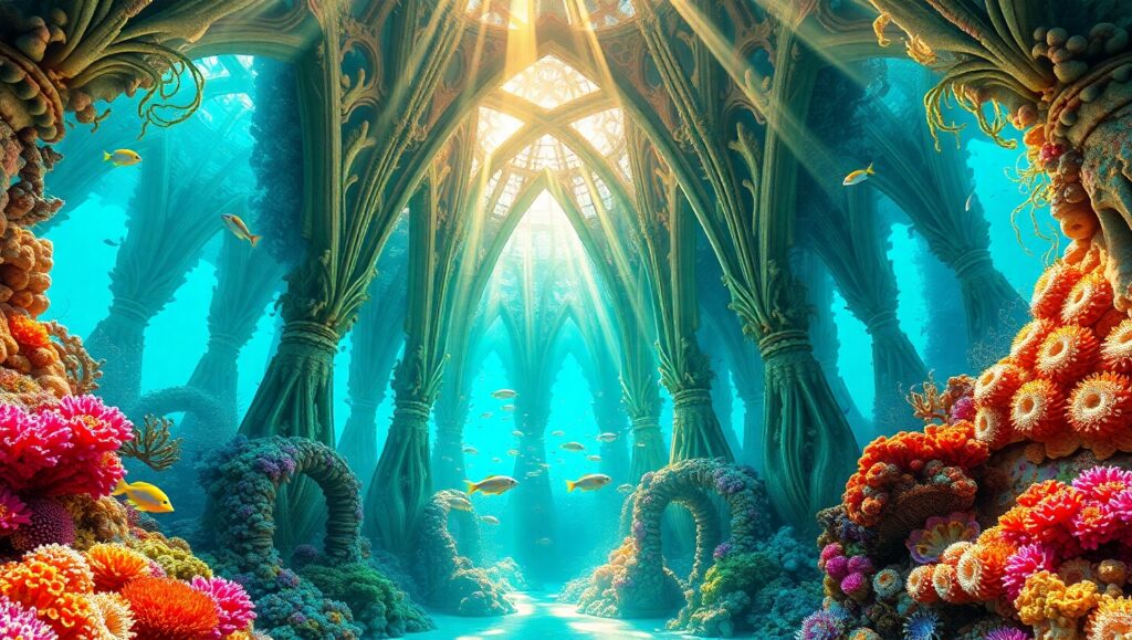 Underwater Cathedral of Coral Wonders – free AI stock image