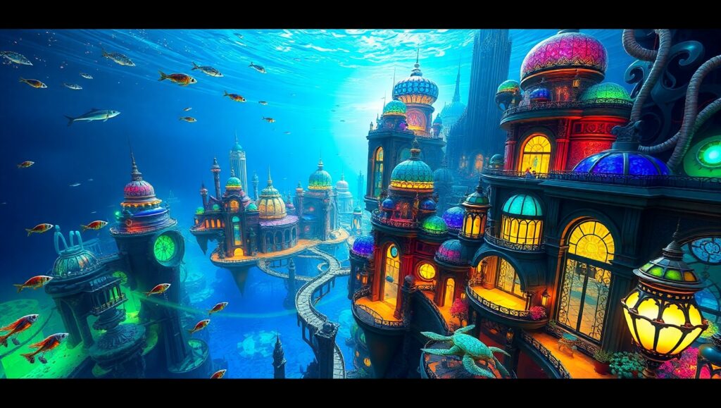Underwater City: A Bioluminescent Dream – free AI stock image
