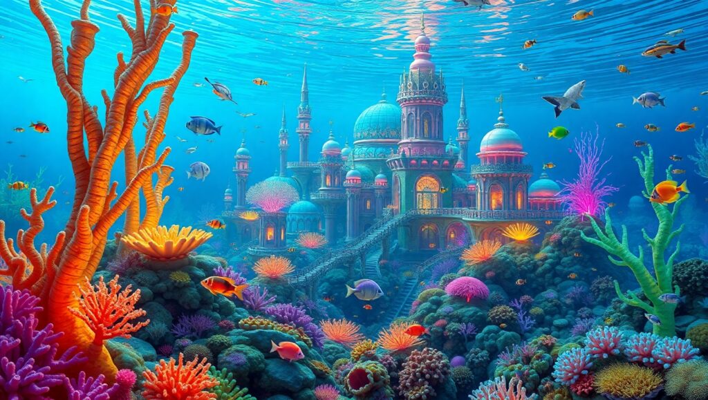 Underwater City in Coral Reef – free AI stock image