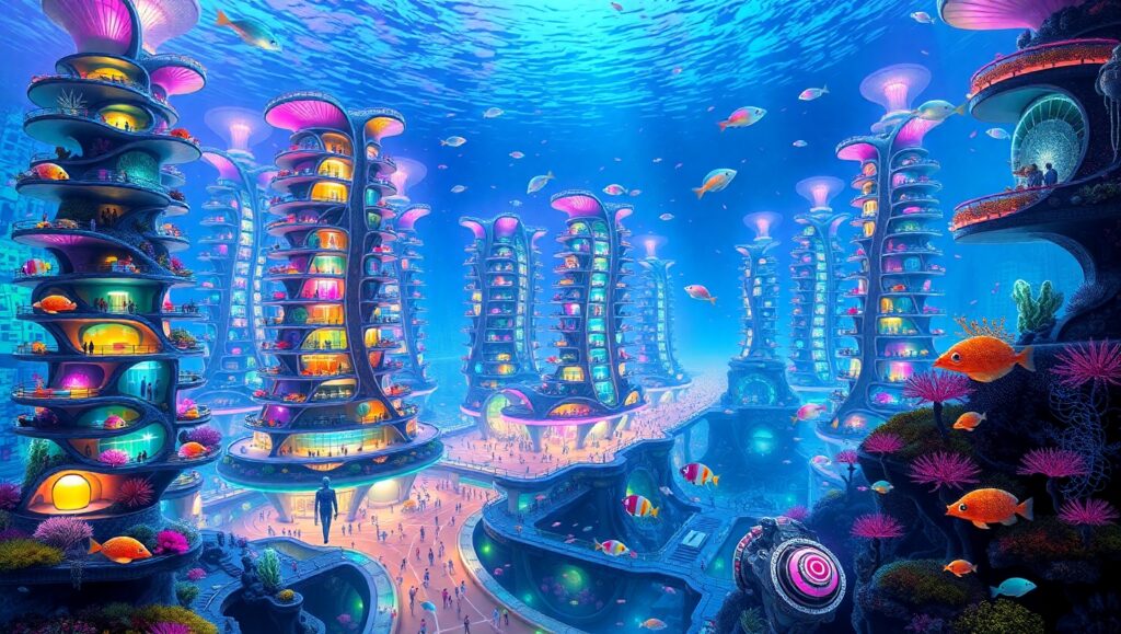 Underwater City of Bioluminescence – free AI stock image