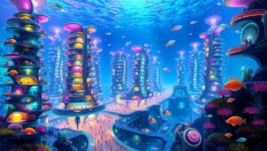 Underwater City of Bioluminescence – free AI stock image