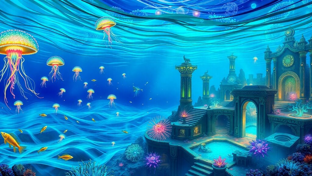 Underwater City of Bioluminescent Wonders pVP – free AI stock image