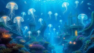 Underwater City of Glowing Merfolk – free AI stock image