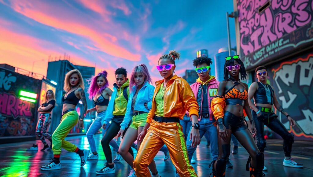 Urban Dancers in Neon Streetwear – free AI stock image