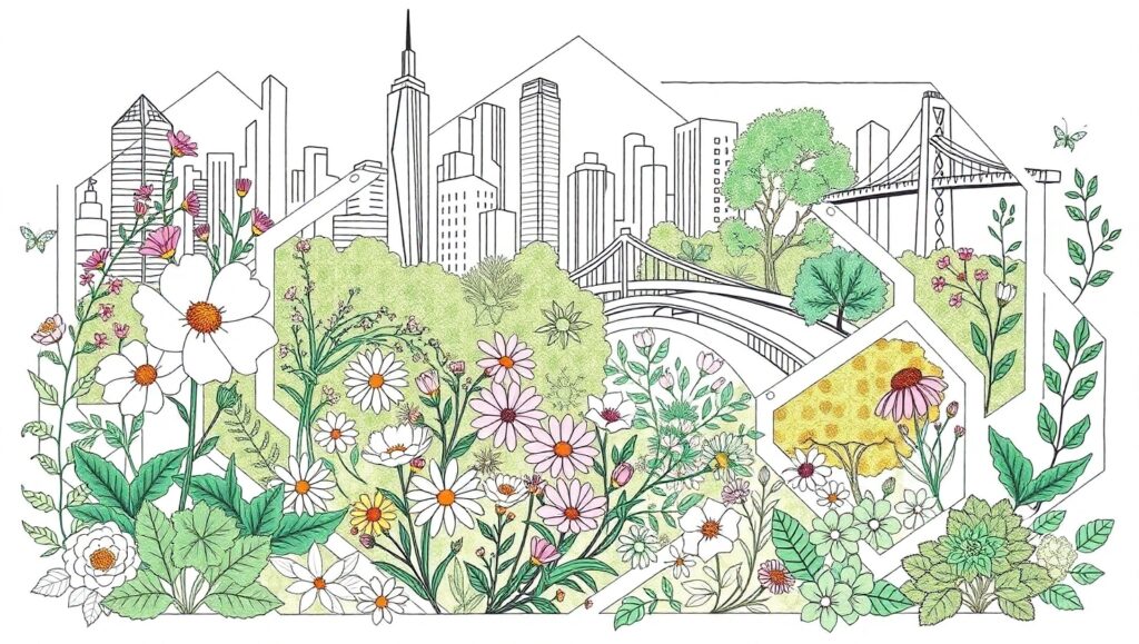 Urban Garden in Line Art Style – free AI stock image