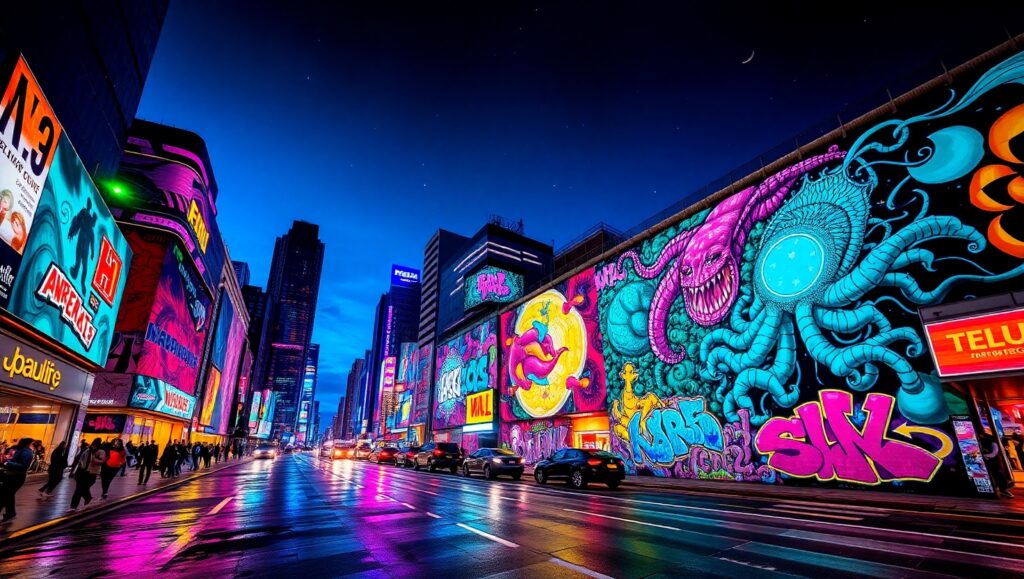 Urban Graffiti Nightscape Art – free AI stock image