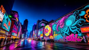 Urban Graffiti Nightscape Art – free AI stock image