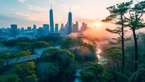 Urban Jungle at Sunrise – free AI stock image