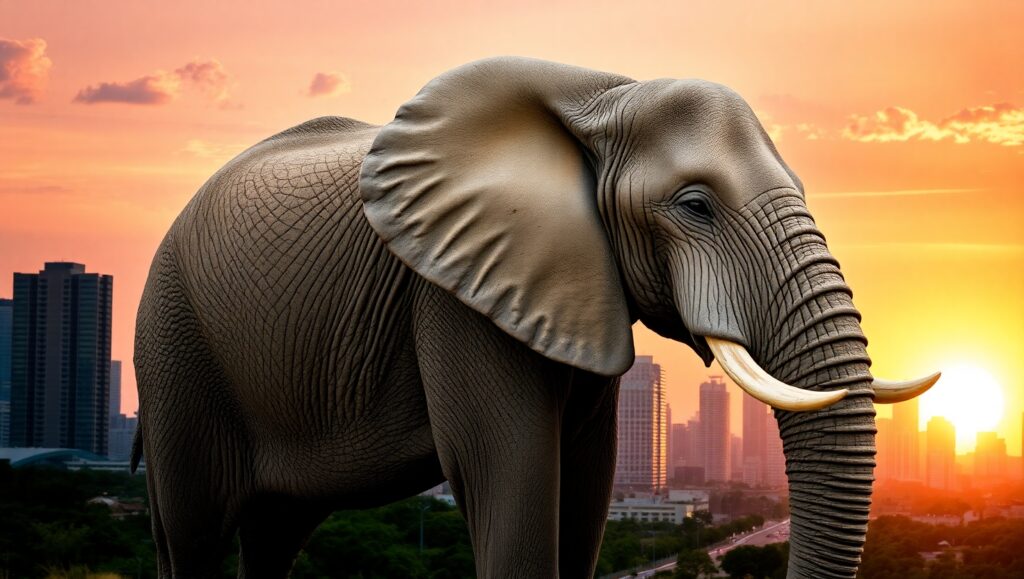 Urban Jungle: Elephant Cityscape Blend – free AI stock image