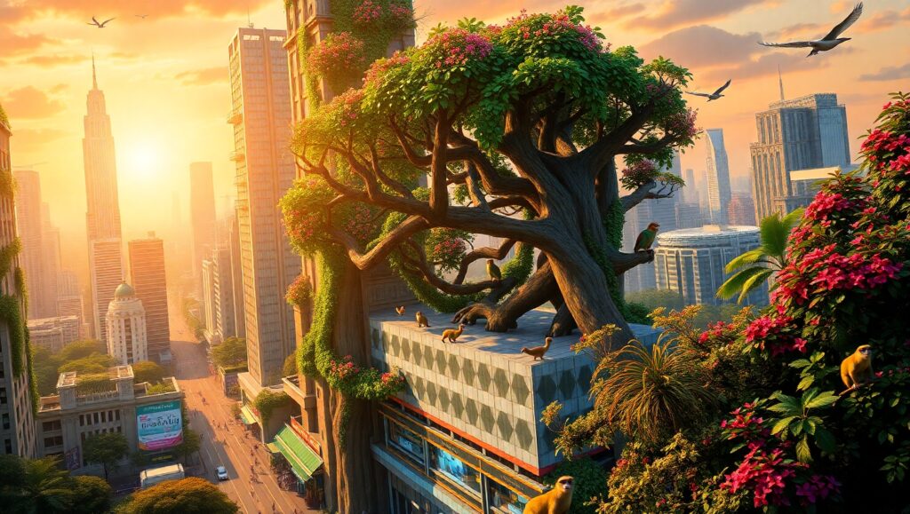 Urban Jungle: Nature Meets City Life – free AI stock image