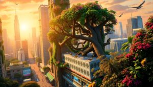 Urban Jungle: Nature Meets City Life – free AI stock image