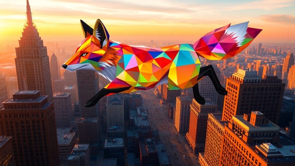 Urban Leap of the Colorful Fox – free AI stock image