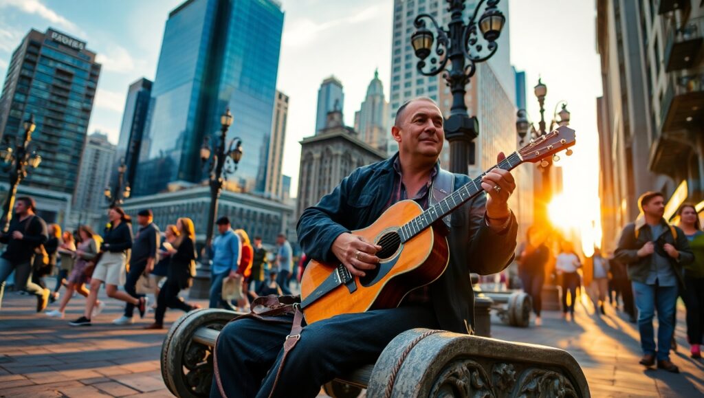 Urban Life: Street Musician’s Melodies – free AI stock image