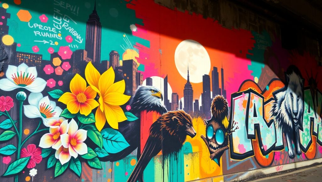 Urban Nature Fusion on Graffiti Wall – free AI stock image