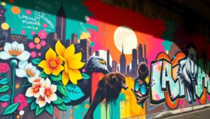 Urban Nature Fusion on Graffiti Wall – free AI stock image