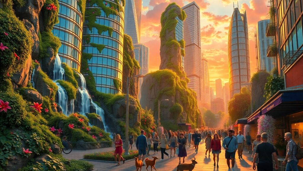 Urban Oasis: Nature Meets City Life – free AI stock image
