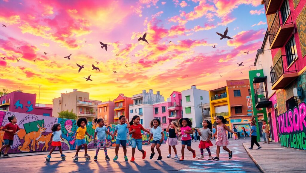 Urban Playgrounds in Colorful Silhouettes – free AI stock image