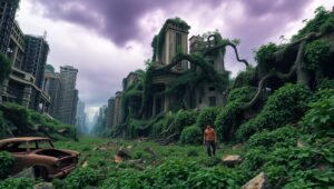 Urban Ruins Enveloped by Nature – free AI stock image
