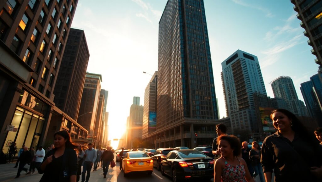 Urban Sunset from Ground Perspective – free AI stock image