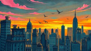 Urban Sunset in Chalkboard Style – free AI stock image