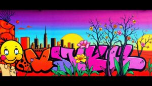 Urban Sunset: Nature Meets Graffiti – free AI stock image