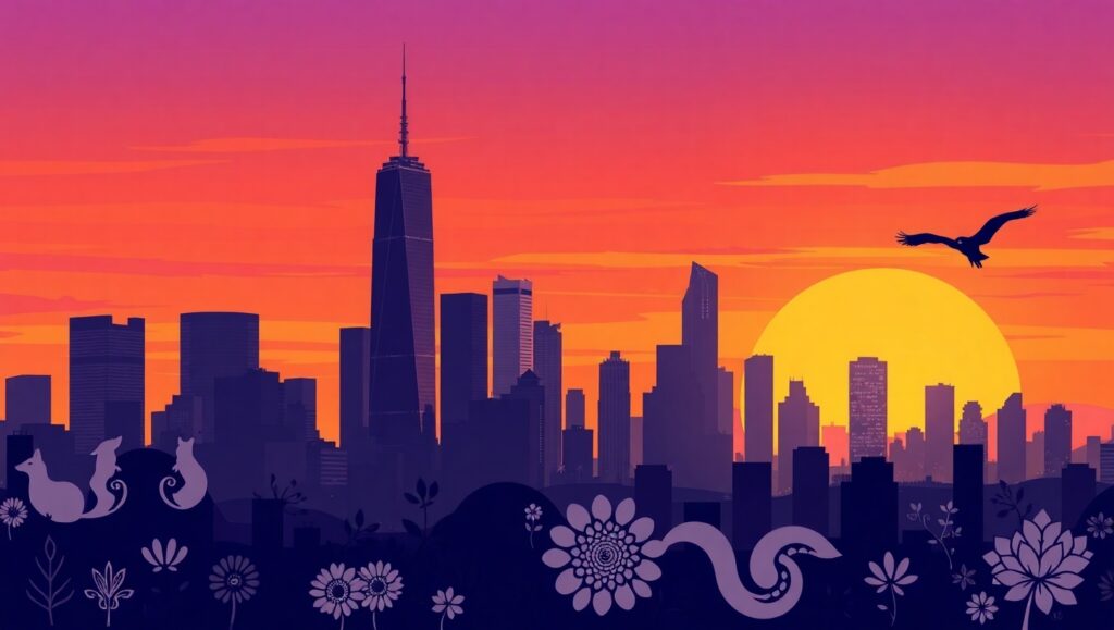 Urban Sunset Stencil Silhouettes – free AI stock image