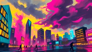 Urban Turmoil at Twilight – free AI stock image