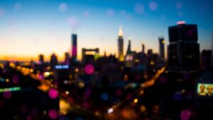 Urban Twilight with Bokeh Lights – free AI stock image
