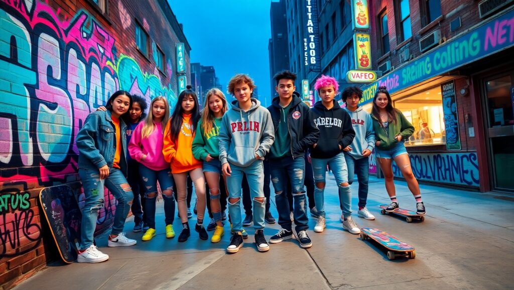 Urban Vibes in Vibrant Streetwear – free AI stock image