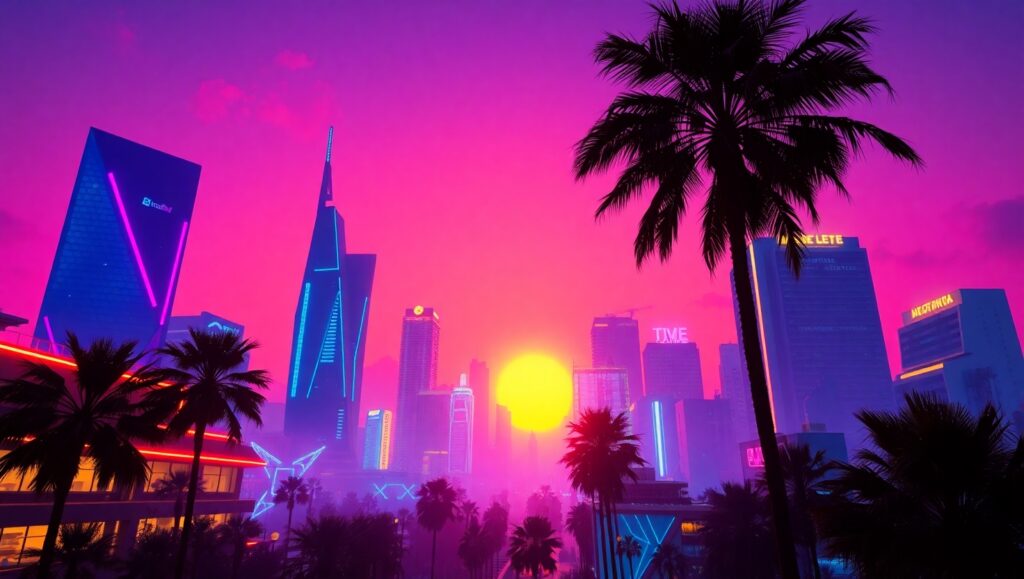 Vaporwave Sunset Cityscape – free AI stock image
