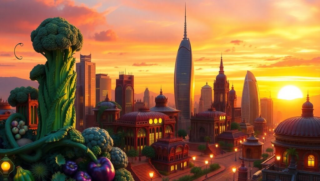 Vegetable Skyline at Sunset – free AI stock image