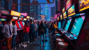 Vibrant 1980s Arcade Adventure – free AI stock image