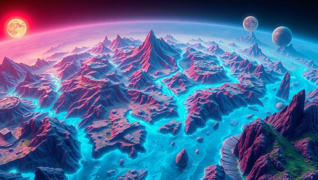 Vibrant Alien Planet Topography – free AI stock image