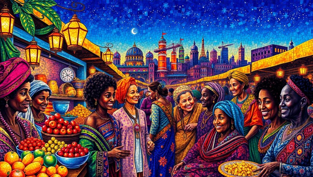 Vibrant City Market Mosaic Scene – free AI stock image
