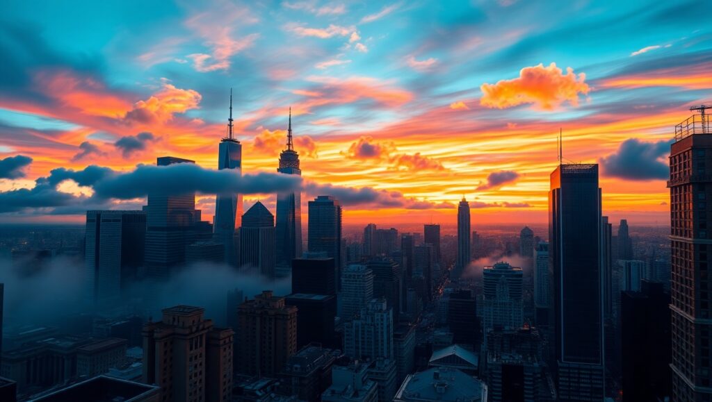 Vibrant City Sunset in Duotone – free AI stock image