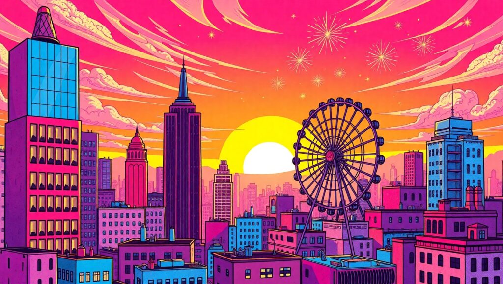 Vibrant City Sunset in Pop – free AI stock image