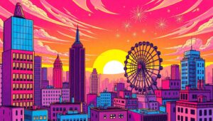 Vibrant City Sunset in Pop – free AI stock image