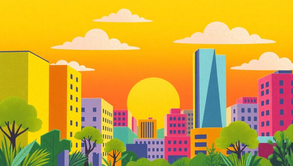 Vibrant Cityscape at Sunset 4V7 – free AI stock image