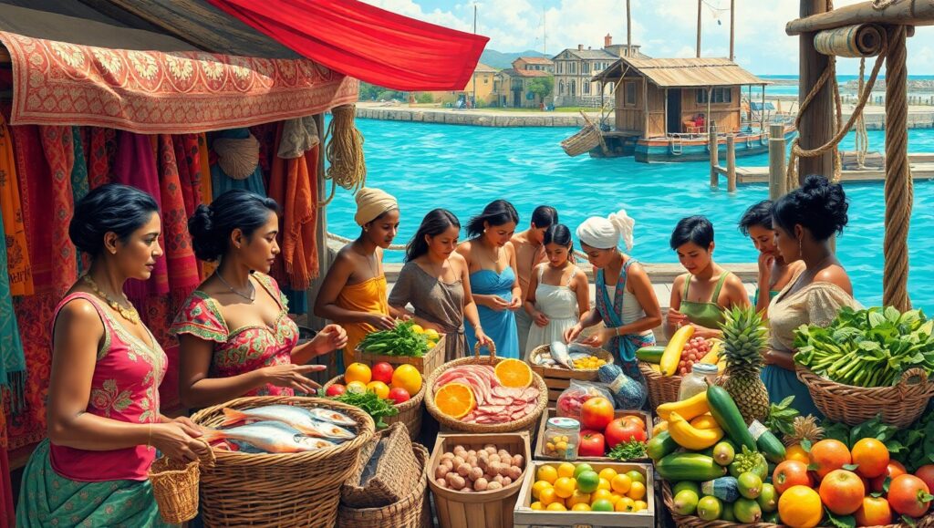 Vibrant Coastal Marketplace Scene – free AI stock image