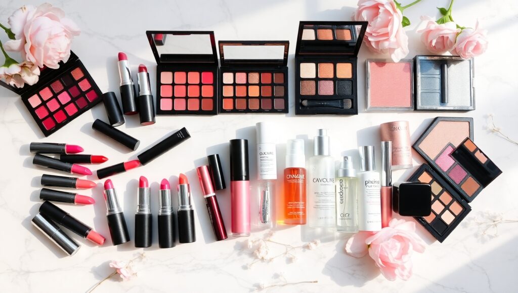 Vibrant Cosmetic Flatlay Arrangement – free AI stock image
