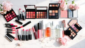 Vibrant Cosmetic Flatlay Arrangement – free AI stock image