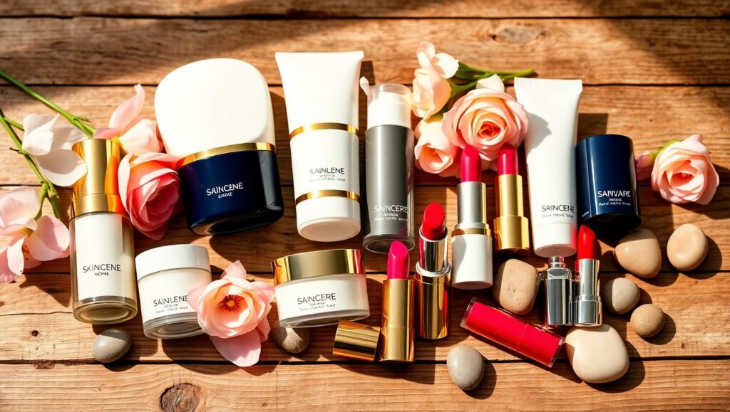 Vibrant Cosmetic Flatlay Inspiration – free AI stock image