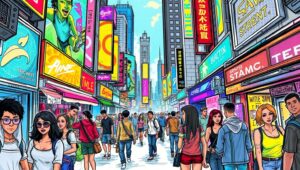 Vibrant Cyberpunk Marketplace Scene – free AI stock image