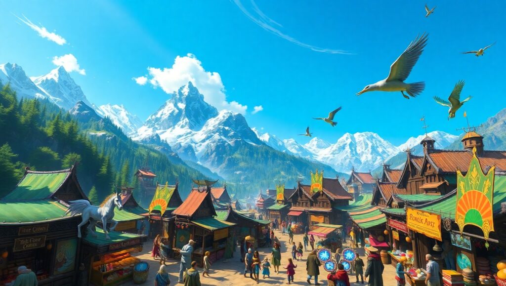 Vibrant Fantasy Marketplace from Above – free AI stock image