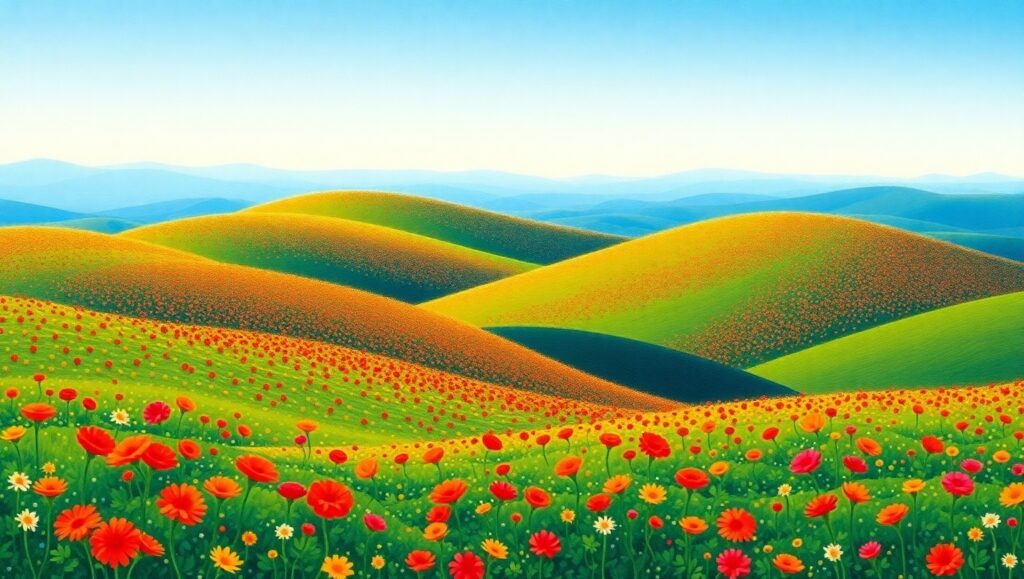 Vibrant Hills and Flowers in Pointillism – free AI stock image