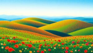 Vibrant Hills and Flowers in Pointillism – free AI stock image